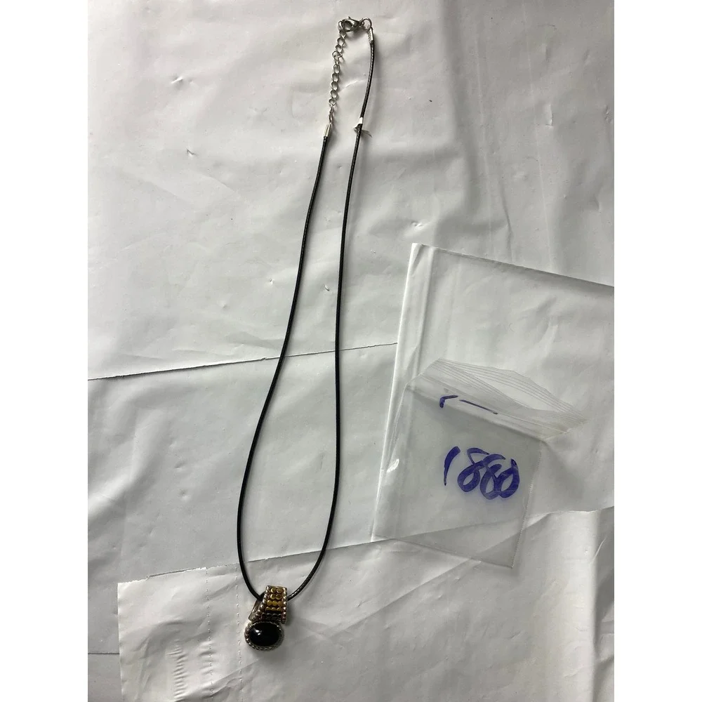 Gold‎ Tone Black Cabochon Pendant Necklace Leather Cord